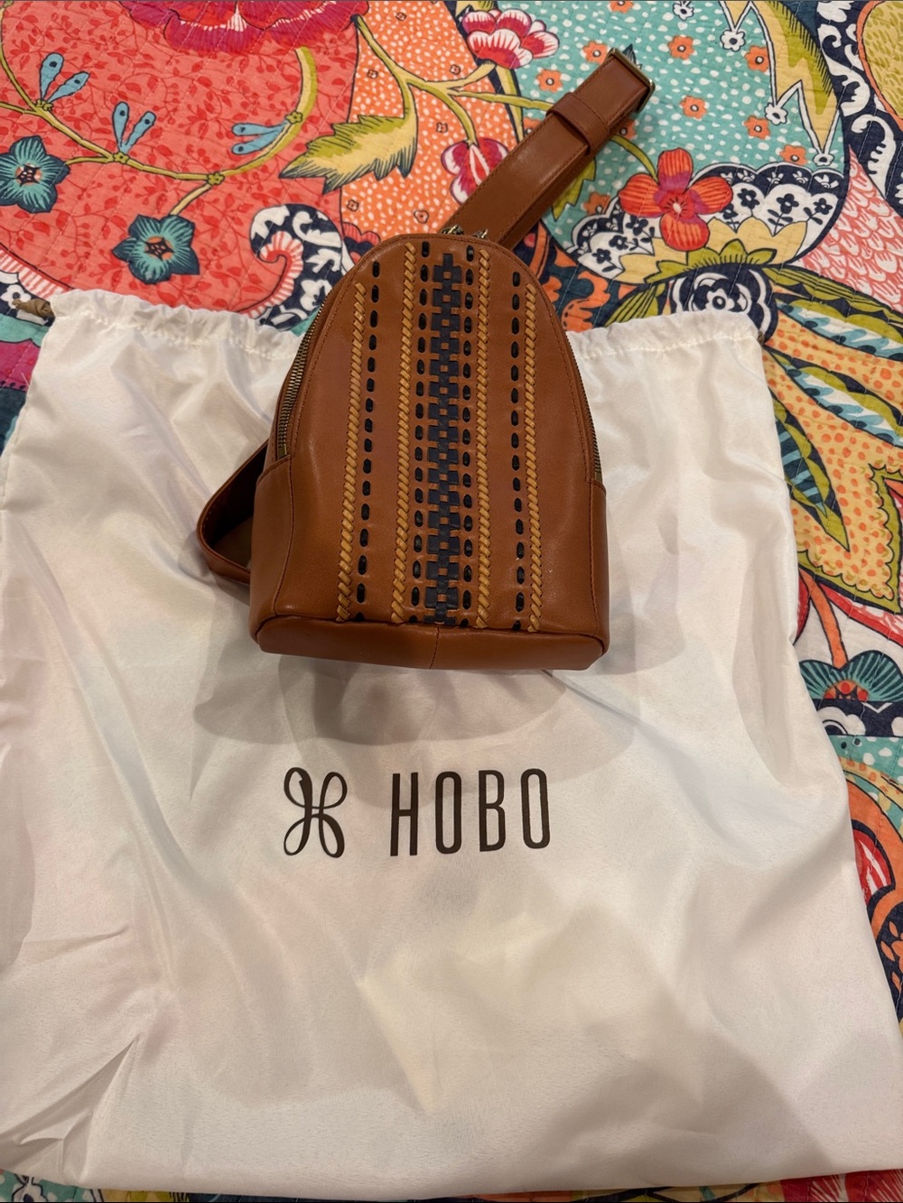 HOBO Tan Leather Mini Crossbody with Woven Accent